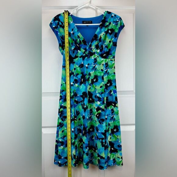 Jones New York Abstract Cap Sleeve V Neck‎ Empire Waist Dress Blue Green Size 8 - Picture 8 of 9